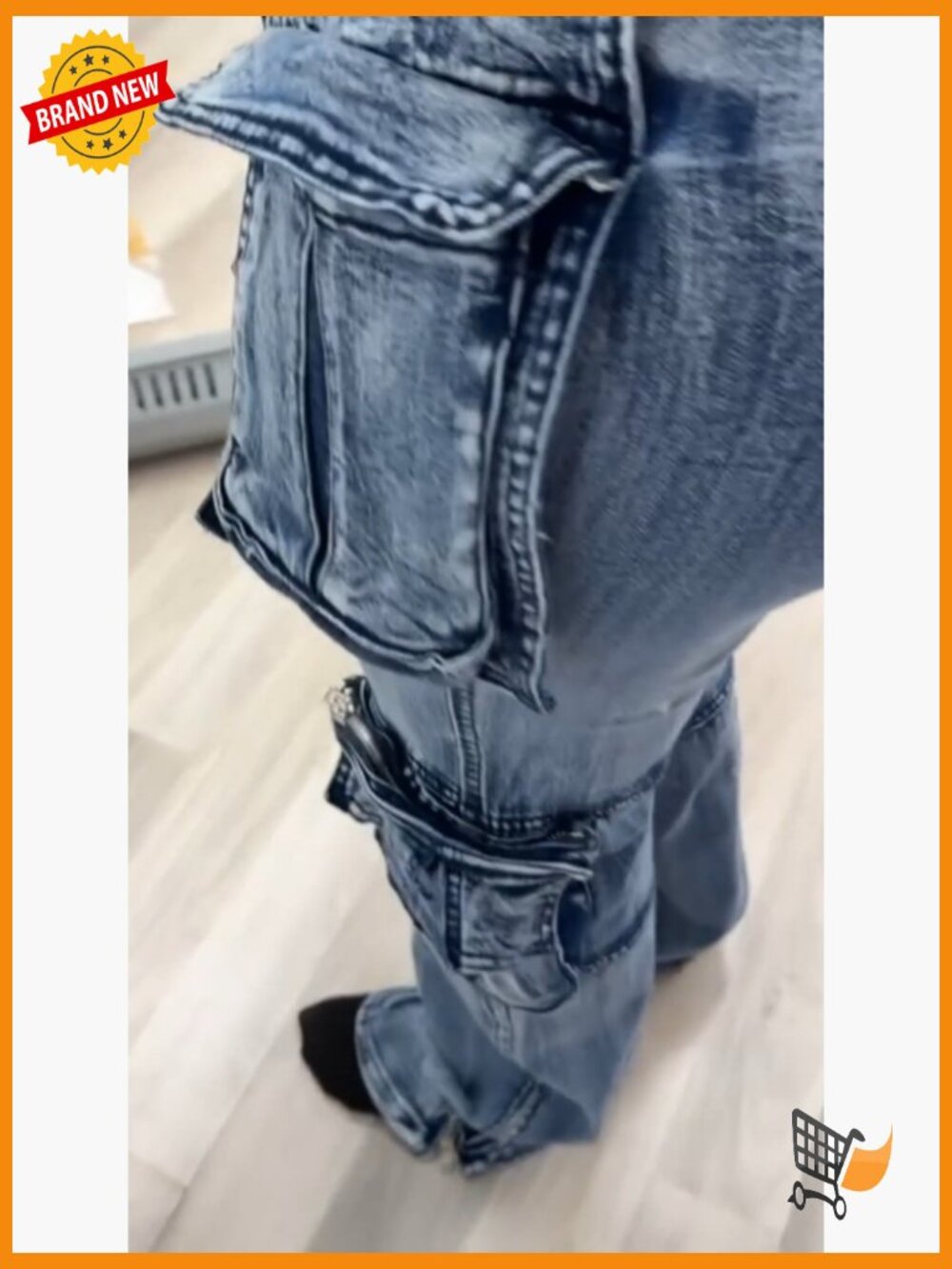 High Waist Cargo Jeans with Side Zip Slit and Multi Pockets - Picture 6 of 6